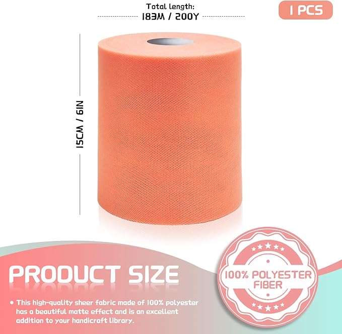 6" x 200 Yards Peach Tulle Fabric Rolls, Peach Spool Tulle Ribbon for DIY Tutu Skirt Wedding Decoration Baby Shower Birthday Party Backdrop Christmas Gift Wrapping Bow Craft Supplies