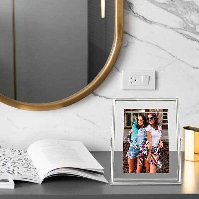 Silver Floating Frame (6"x8", Vertical), For Picture 5x7, 4x6, 3x5, Small Desktop Photo Frame, Classy Gift For Festival, Wedding, Home or Office Décor