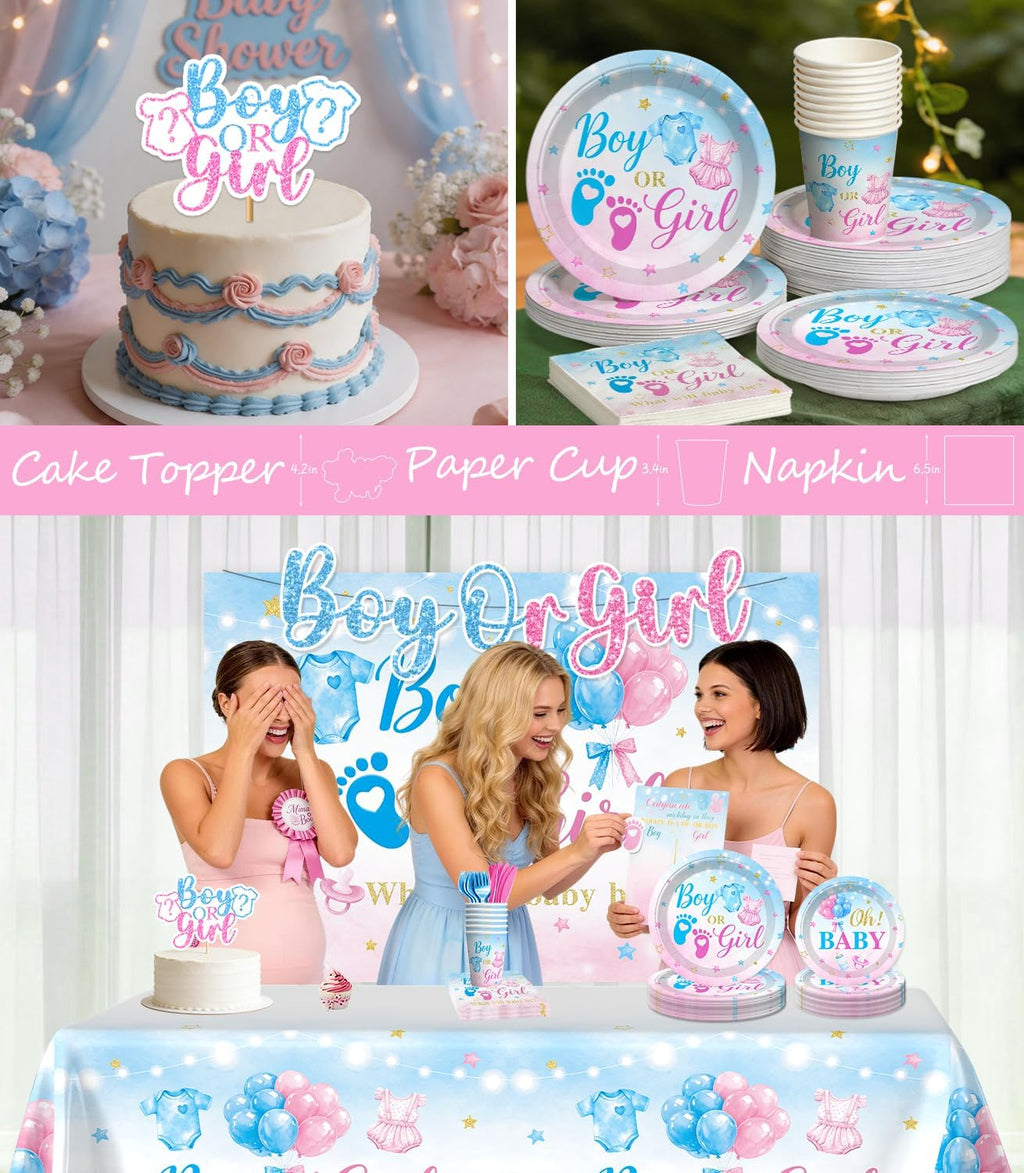 gender reveal decorations, all-in-one decor set for 25 showing dimensions
