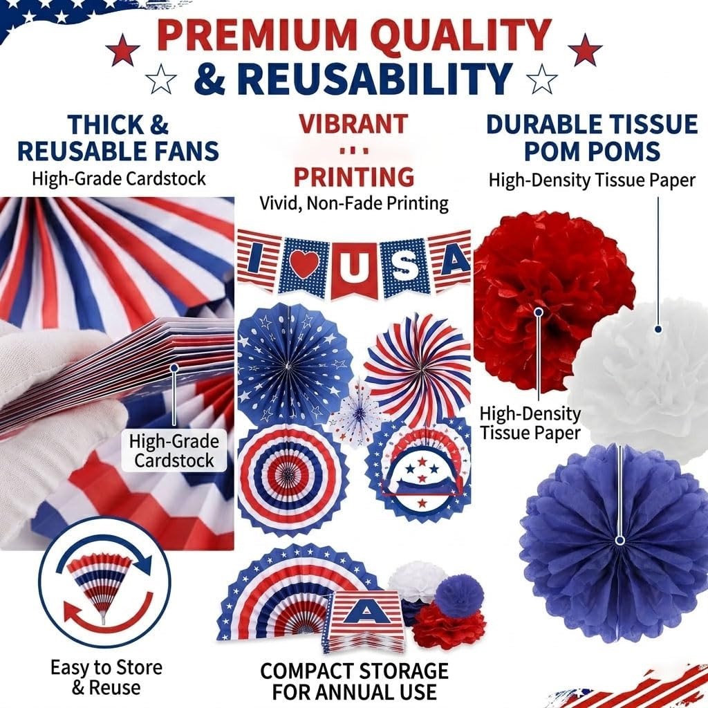 34PCS 4th of July Decorations Patriotic Decorations Love USA Banner Red White Blue Paper Fans, Star Streamer, Pom Poms, Hanging Swirls for Memorial Day Veterans Labor Presidents Flag