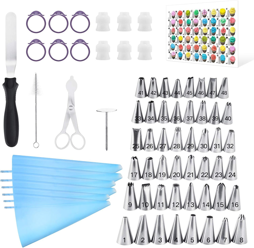 Kasmoire 70 Pcs Cake&Cupcake Decorating Supplies Tips kit-48 Numbered Piping Tips & 6 Reusable Pastry bag with Pattern Chart - Flower Nail, Icing Spatula,Cleaning Brush, 6 Couplers & Icing Bag Ties