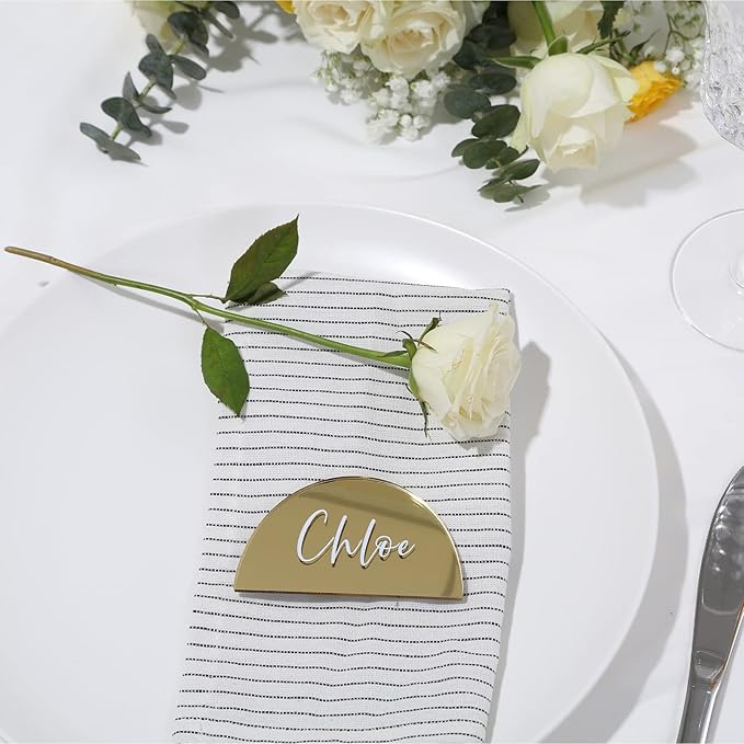 UNIQOOO 20 Pcs 3.5x2 inches Gold Mirror Half Circle Acrylic Sign DIY Blank Semicircle Acrylic Place Cards, Perfect for Wedding Table Decor, Centerpiece, Decoration, Party,Anniversary, Event