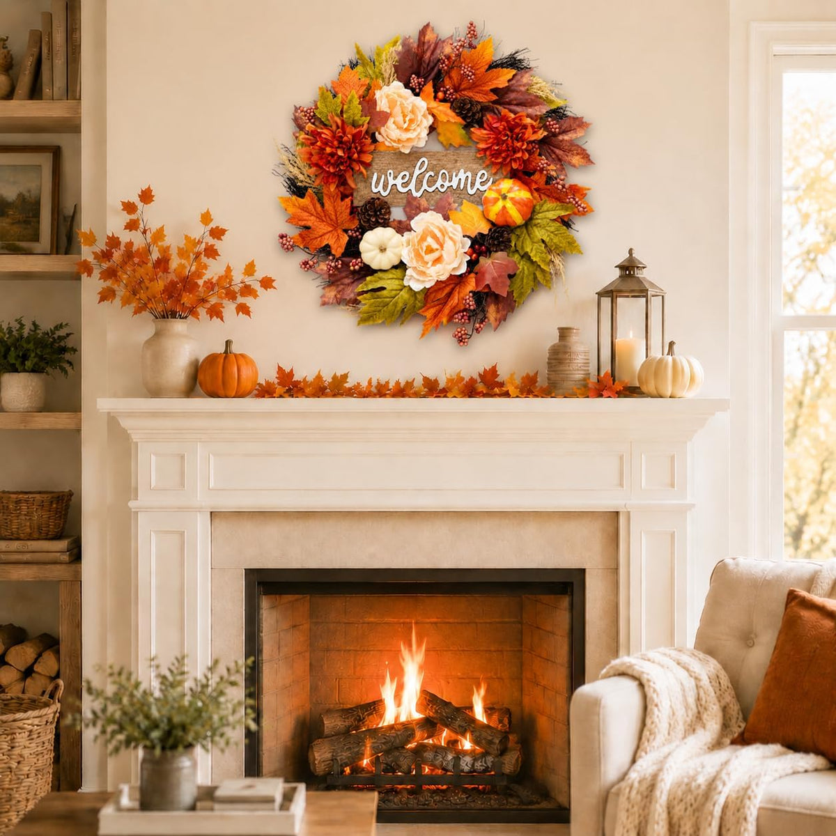 24 inch fall wreaths for front door, autumn showing dimensions