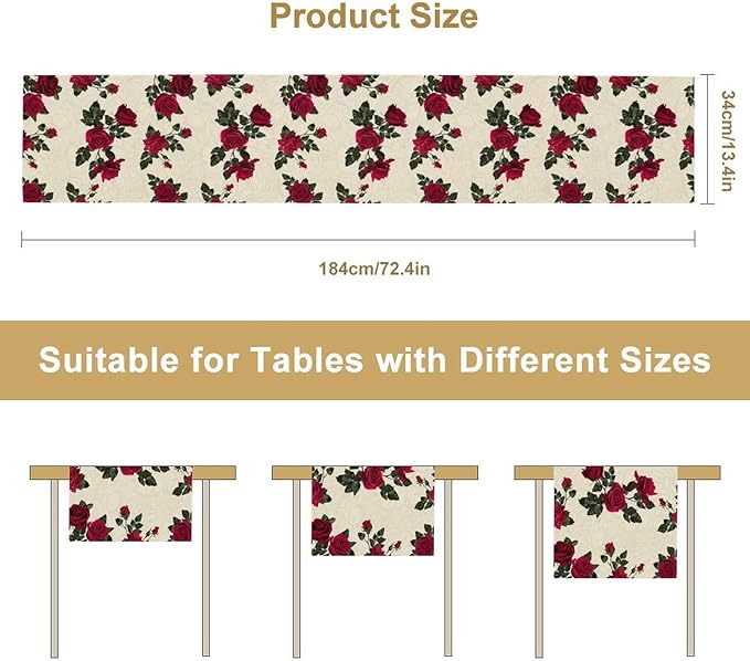 Vintage Rose Table Runner, Red Flowers Green Leaves Valentine's Day Table Runner for Kitchen Dinning Table Runner Decor Home Wedding Party Holiday, 13x36 Inch