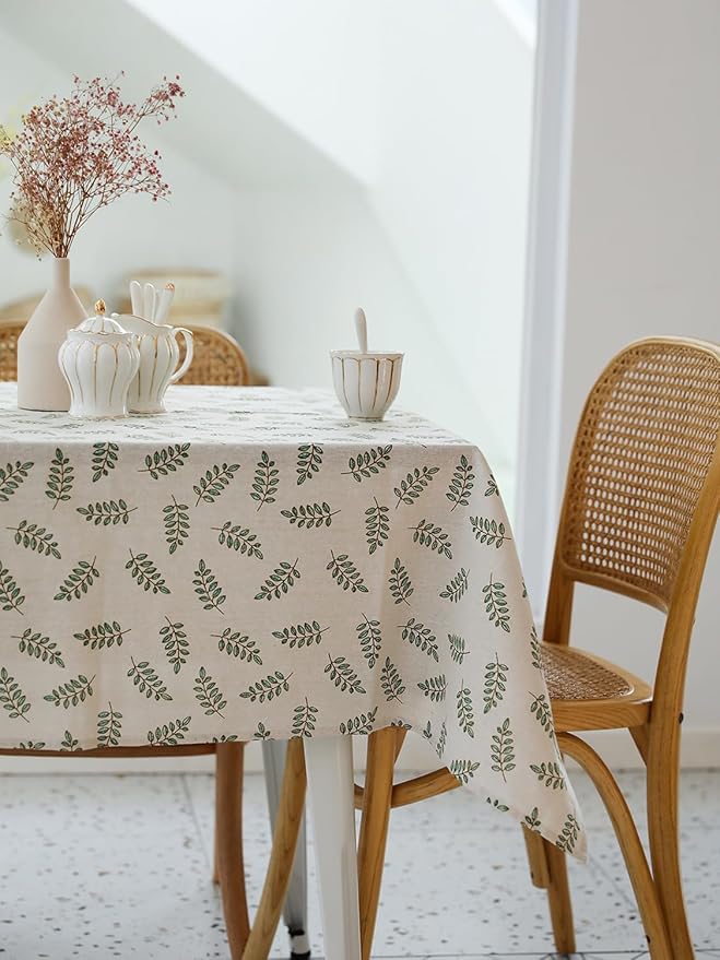 Pastoral Rectangle Tablecloth - 60 x 84 Inch - Beige Linen Table Cloth - Washable Table Cover with Dust-Proof Wrinkle Resistant for Restaurant, Picnic, Bistro, Indoor and Outdoor Dining, Green Leaf