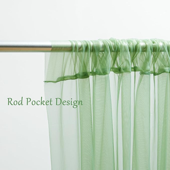 30×10ft Green Tulle Backdrop Curtain with Lights String for Parties, Sheer Photo Backdrop Curtains for Wedding Party Photography Background