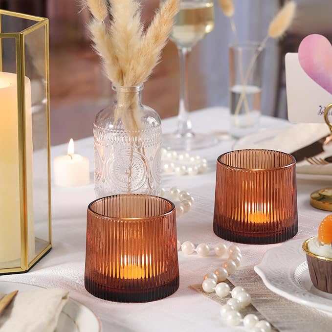 Amber Ribbed Tealight Votive Candle Holders Set of 10- Votive Candle Holders for Table Centerpiece, Tea Light Candle Holder Glass for Wedding and Home Decor, Blue Decor and Gifts