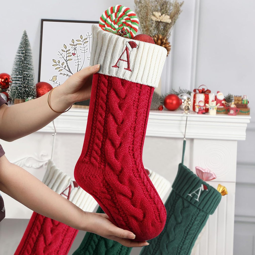 Christmas Stockings with Initials, 18" Large Embroidered Monogram Knit Family Christmas Stocking, Red Xmas Stocking for Kids, Christmas Decoration for Family Fireplace Holiday Party(Letter A)