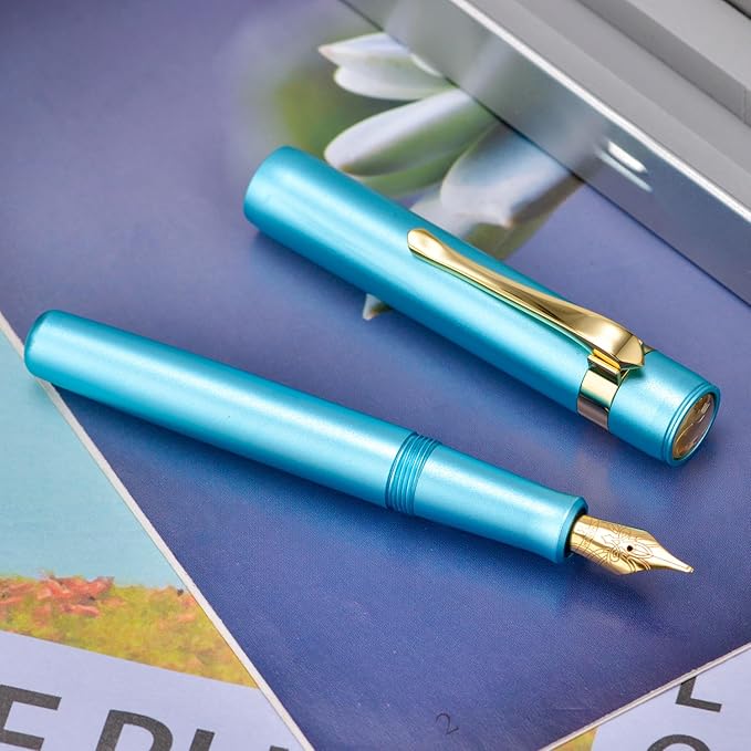 HONG DIAN M2 Black Forest Mini Fountain Pen, Medium Soft Nib & Sleek Shape Aluminium Short Pocket Travel Pen (Lake Blue)