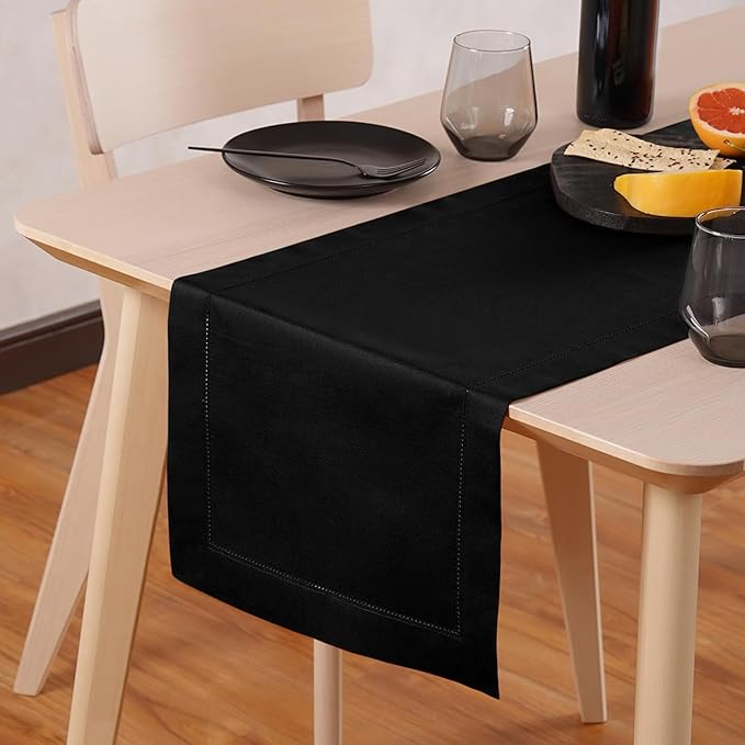 Black Table Runner 48 Inch – Cotton Linen Hemstitch Farmhouse Table Runner 14x48 – Washable Fabric for Fall, Halloween, Thanksgiving, Everyday Dining & Décor – Serena