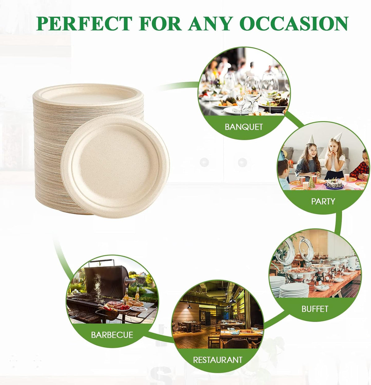 Vplus 350 Pack Compostable Bagasse Paper Plates 6.9 inch, Nature