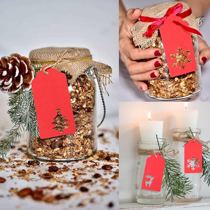 jijAcraft Christmas Gift Tags - 150Pcs Christmas Tags with String, Blank Red Paper Hollow Trees, Rudolph, Snowflake Shapes Holiday Labels for Xmas Party Favors, DIY Crafts, Jar