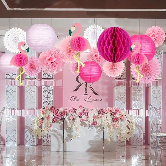zilue Tropical Party Decorations Pink Flamingo Party Supplies Pom Poms Flowers Tissue Paper Fan Paper Lanterns for Hawaiian Summer Beach Luau Party