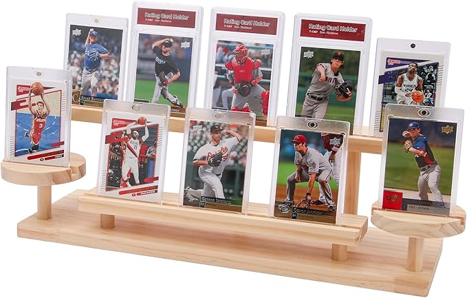 Wooden Trading Card Display Stand, 3-Tier Card Holder for Graded, Sports and TCG Cards, Tabletop Display Holder, Rustic Solid Wood Shelf Stand for Basketball Football Hockey(Wood Grain)
