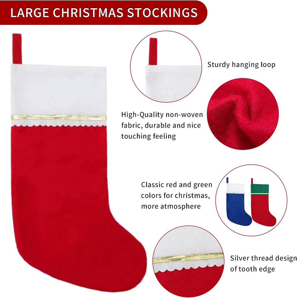 24 Pack Felt Christmas Stockings, 19 Inches Red and White Christmas Stockings Hanging Ornaments, White Cuff with Gold Trim Christmas Stockings for Family Christmas Holiday Decorations