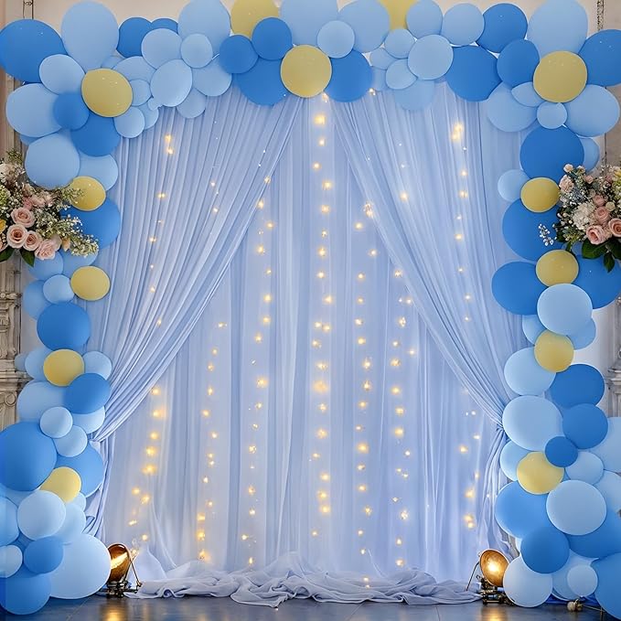 10ft x 10ft Baby Blue Chiffon Backdrop Curtain with Lights String for Parites Wedding Light Blue Curtains Photo Backdrop Drapes for Baby Shower Birthday Party Home Decorations