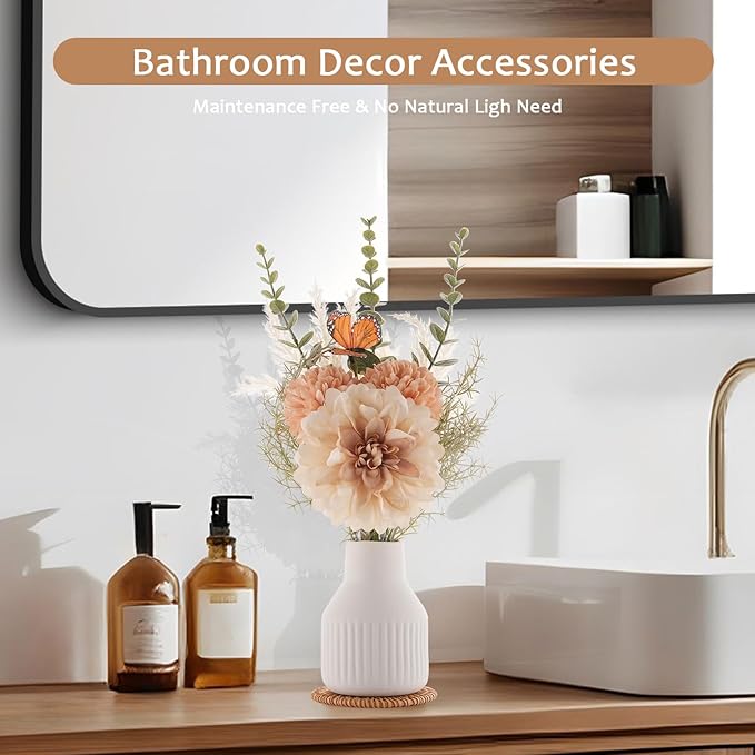 Small Fake Flowers in Vase 14" Centerpiece Table Decorations Silk Flowers Arrangements Ceramic Vase Dahlia Chrysanthemum Artificial Flowers Bouquet for Bathroom Dining Room Kitchen Wedding (White)