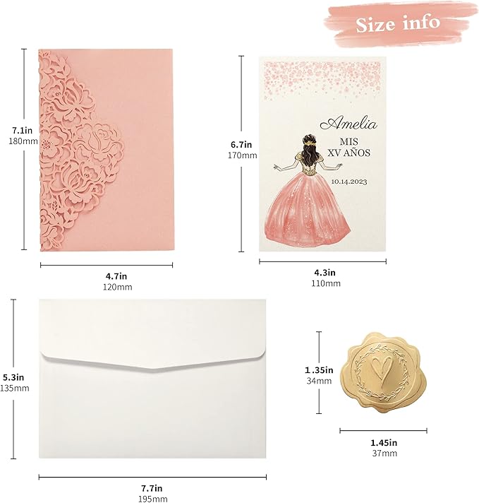 DORIS HOME 50pcs Laser Cut Quinceanera Invitations Pink, 4.7x7.1 Personalized Quince Invitations for 15th Birthday, Invitation cards for Sweet 16 with Envelopes