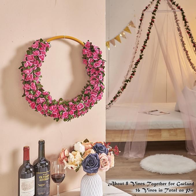 6 Pcs x 8.2 ft Flower Garland Artificial Rose Vine Flowers with Green Leaves Hanging Fake Roses Vine for Room Party Home Wedding Birthday Christmas Wall Arch Decor, Spring Magenta Flower