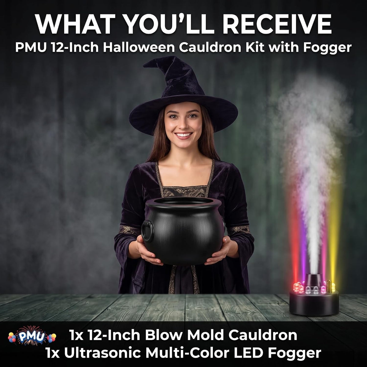 PMU 2pc Cauldron Set, 12in Black Cauldron w/Mist Maker & Multicolor Fogger