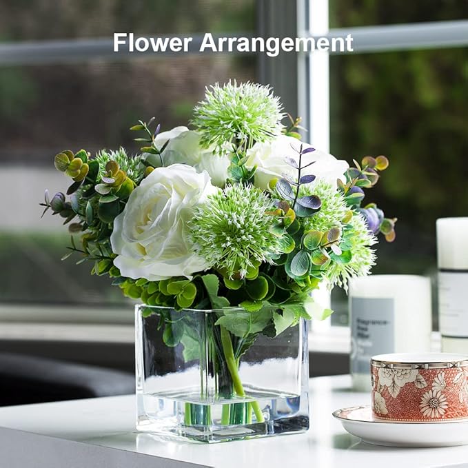 EnovaFloral Square Glass Cube Vase (4x4 Inch) - Set of 1 with Floating Candle Holders for Wedding Centerpieces & Home Office Decor