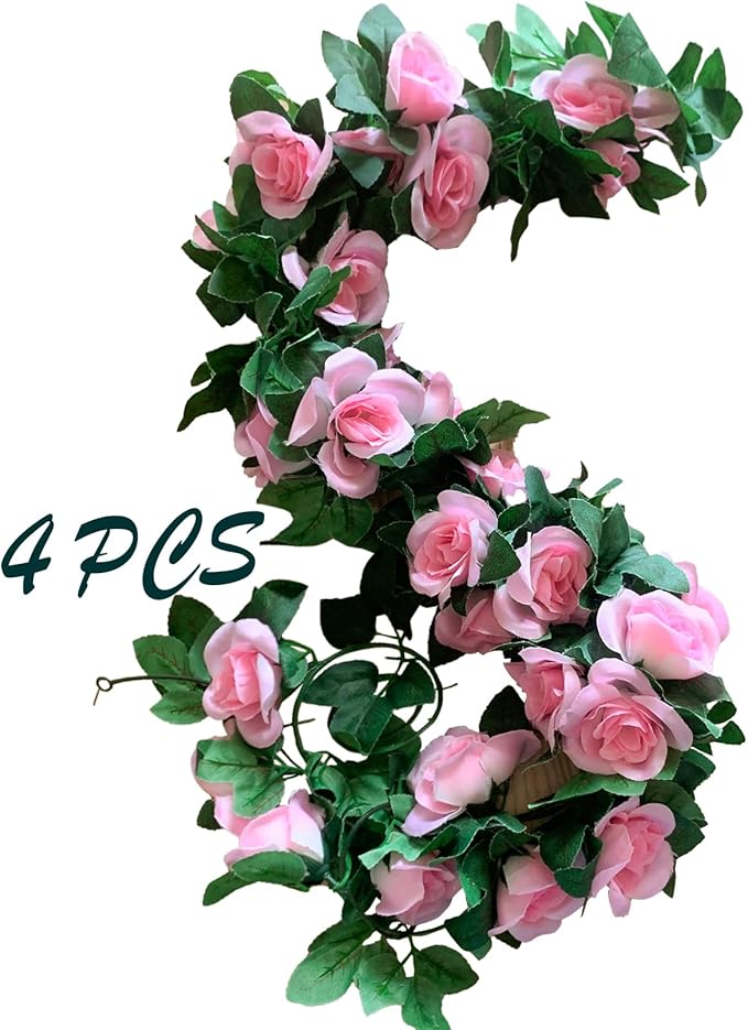 4 Pack Artificial Rose Vine Garland Fake Roses Flowers Plants Vines Hanging Floral Leaves Decoration for Wedding Party Table Garden Arch Wall Home Room Decor(Pink)