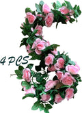 4 Pack Artificial Rose Vine Garland Fake Roses Flowers Plants Vines Hanging Floral Leaves Decoration for Wedding Party Table Garden Arch Wall Home Room Decor(Pink)