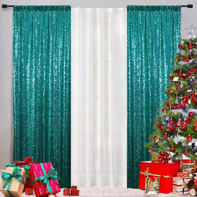 Eternal Beauty Sequin Backdrop Curtains, 2x8 Ft-2 Panels Teal Back Drop for Shimmer Photography Party Wedding Birthday Decor