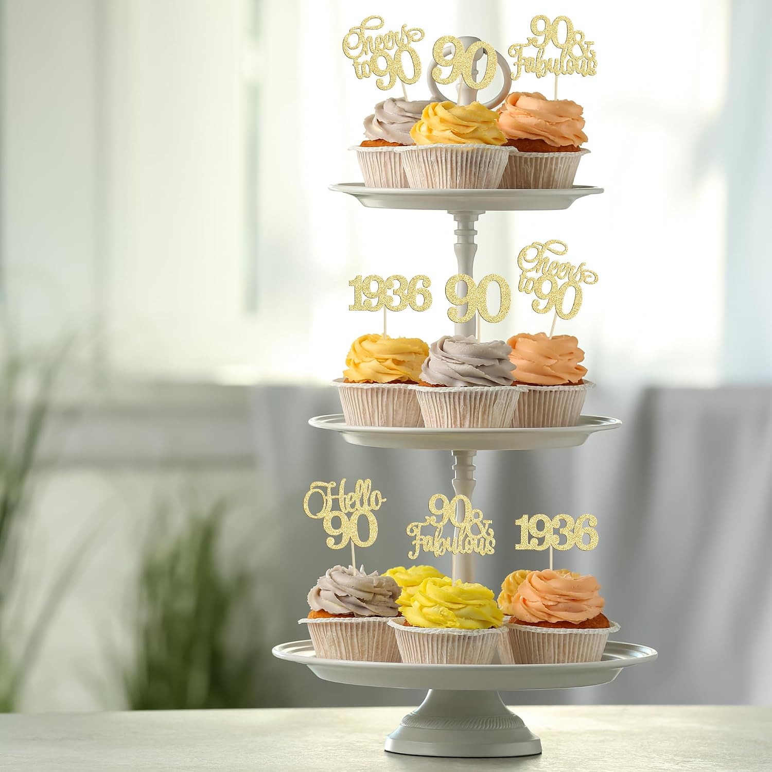 Gyufise 30Pcs 90th Birthday Cupcake Toppers 90 Fabulous Cupcake Picks Cheers to 90 1935 Cake Decorations for Happy 90th Birthday Wedding Anniversary Party Decoration Supplies Gold