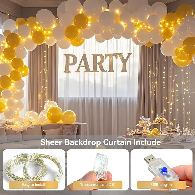 10×10ft Tulle Backdrop Curtains with Lights String - 300LED Fairy Lights Sheer Curtain Backdrop for Weddings Baby Shower and Birthday Party Decorations(8 Panels 5×10ft)