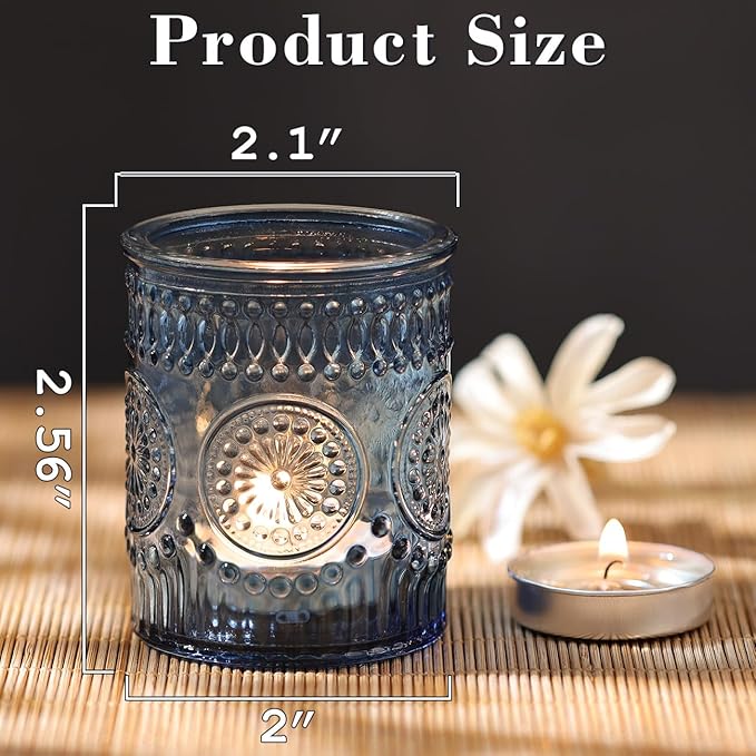 DARJEN Blue Votive Candle Holders Set of 36- Glass Candle Holders Bulk for Tea Light Candle, Embossed Candle Votives for Wedding Centerpiece, Living Room & Home Table Decor