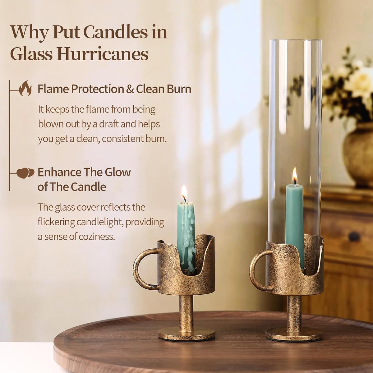 Vintage Cast Iron Hurricane Glass Candle Holder for Taper Candles Set of 2