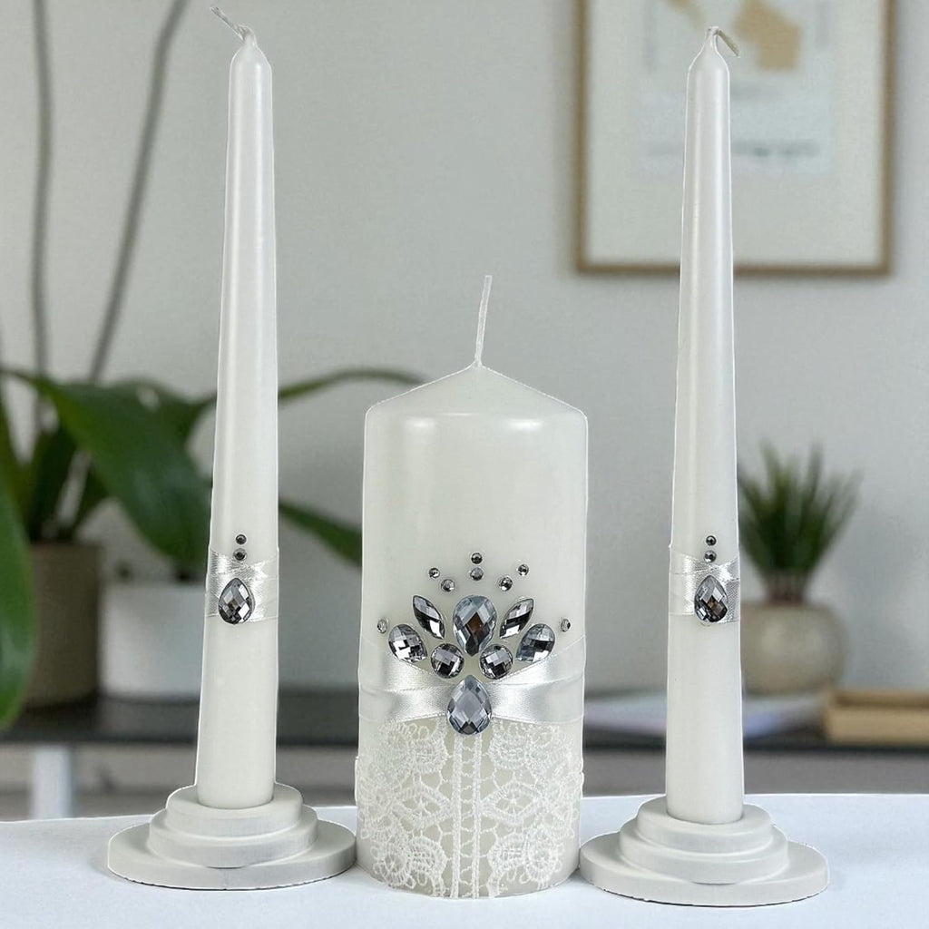 Unity Candle Set - Wedding Ceremony & Reception – 6” Pillar & Two 10” Taper Candles – Long Burning Unity Candles for Marriage Ritual – Handmade in USA – White|Cristal|Lace