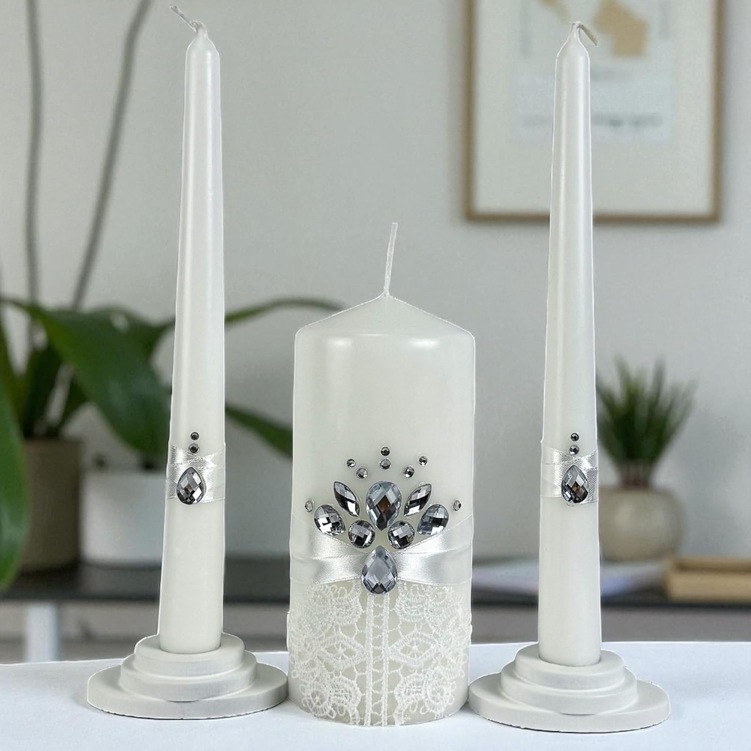 Unity Candle Set - Wedding Ceremony & Reception – 6” Pillar & Two 10” Taper Candles – Long Burning Unity Candles for Marriage Ritual – Handmade in USA – White|Cristal|Lace