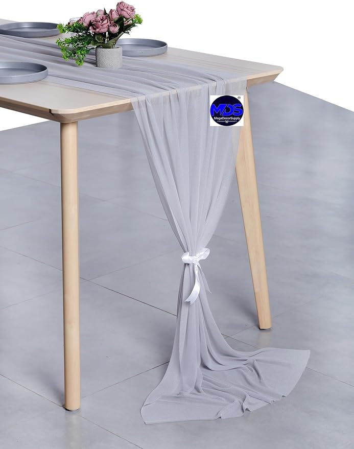 MDS Halloween Chiffon Table Runner - 15 Pack, 29 x 170 Inches, 14ft Each - Sheer Spooky Table Runners for Haunted House Parties, Trick-or-Treat Tables, Witchy Décor, Wedding & Events - Cool Gray