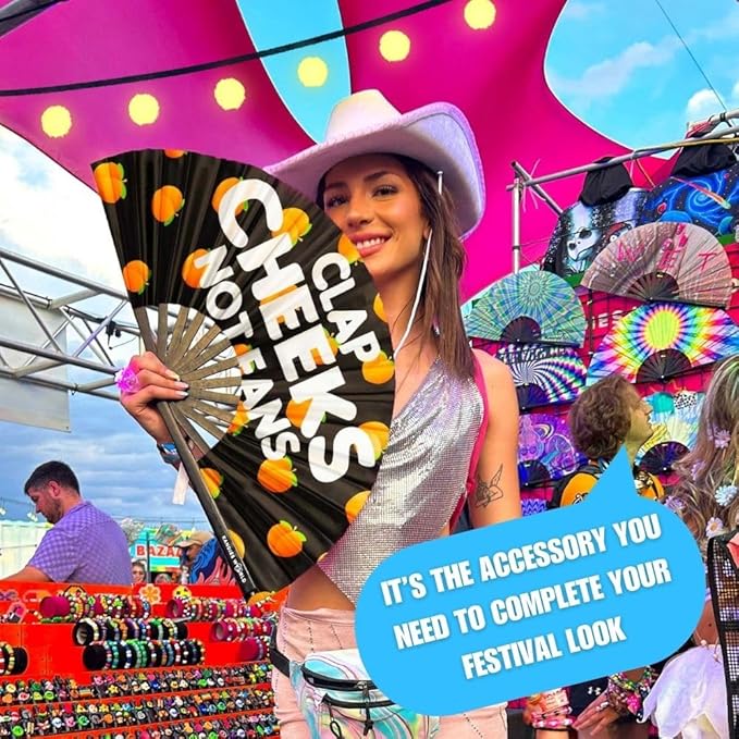 Kandies World UV Reactive Custom Festival Folding Hand Fan - Unique Designs, Bamboo, Clacking Sound, Lightweight - Perfect Rave and Festival Accessory! (Clap cheeks not fan)