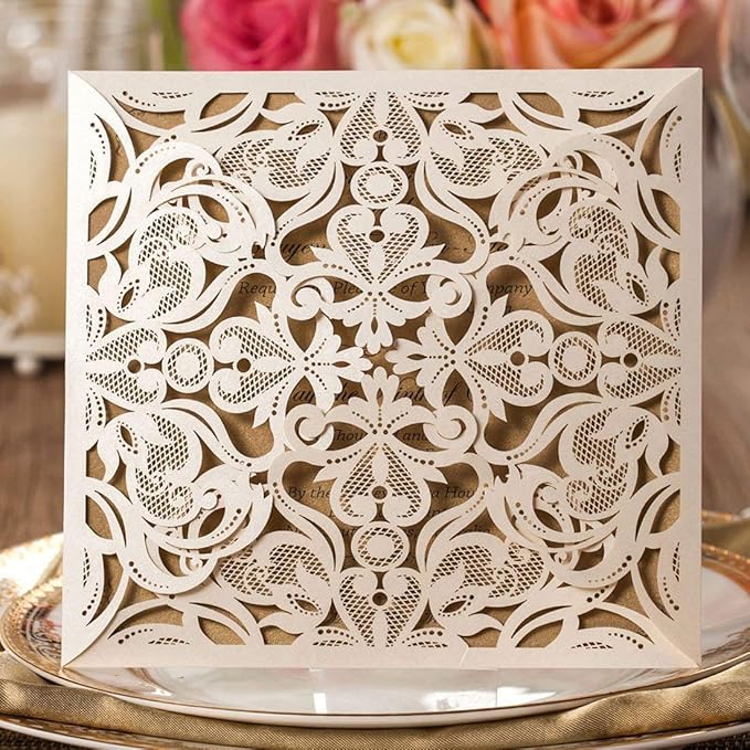 Hosmsua 50PCS Ivory Laser Cut Wedding Invitation Cards with Envelopes 6.3 x 6.3 Inch Hollow Rose Invitations for Wedding Bridal Shower Invite (Ivory, Blank)