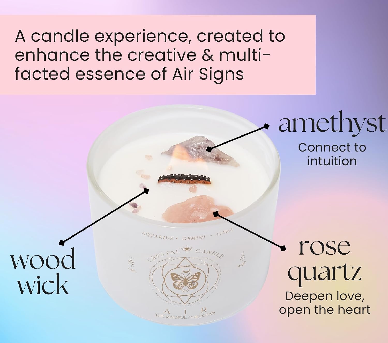Aquarius, Gemini, Libra Gifts for Women - 12oz Wood Wick Candles that Crackle with Crystals and Healing Stones. Healing Crystal Candles for Women Home Scented. Soy Wax, for Zodiac Birthdate