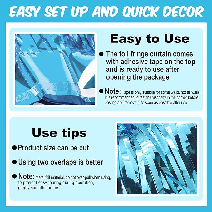 6 Pack Light Blue Foil Fringe Curtains Backdrop, 3.28 x 8.2 Ft Metallic Streamers Tinsel Curtains Background for Photo Booth, Birthday, Weddings, Carnivals, Graduation, Themed Party Decorations