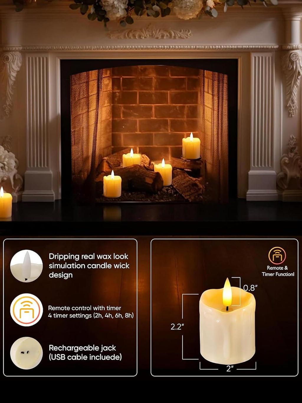 Homemory Rechargeable Flameless Candles with Timer Remote, 2" x 2" Realistic Battery Operated LED Votive Tea Lights, 6Pack Electric Fake Candle in Warm White (USB Charging Cable Included)