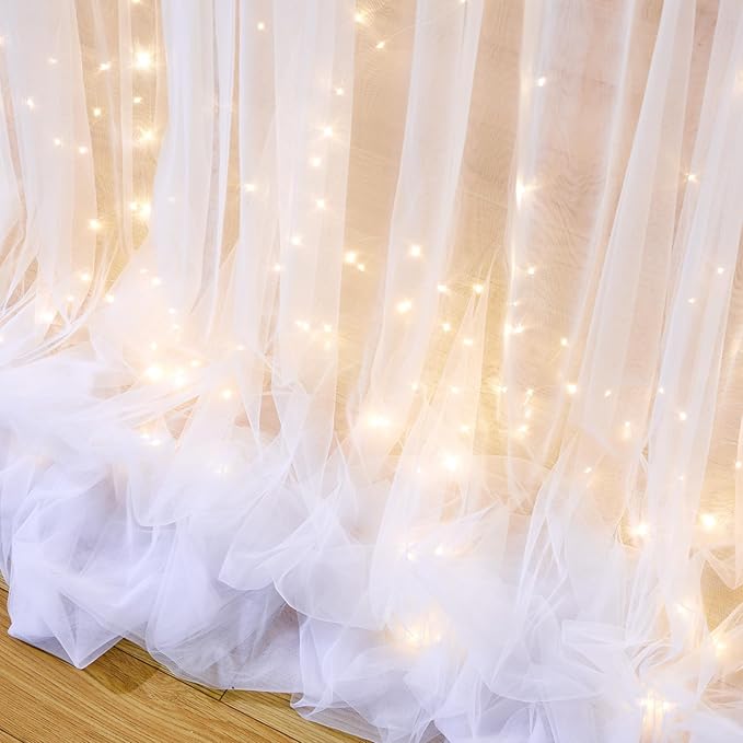 White Tulle Backdrop Curtain with Lights String for Parties Wedding Bridal Shower Sheer White Curtain Backdrop for Birthday Baby Shower Photo Booth Photography Background Decorations 10ft x 8ft