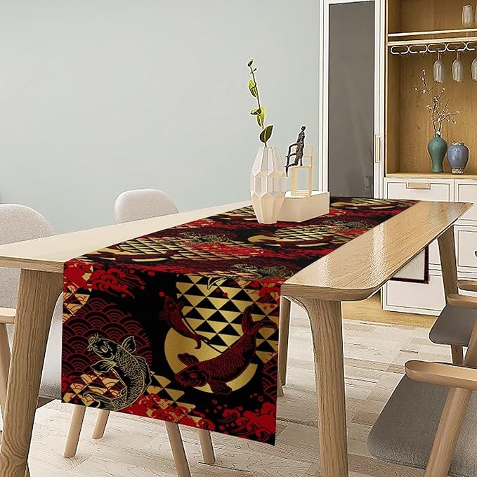 Japanese Table Runner Oriental Tradition Kio Fish Red Art Printed Burlap Runner Home Kitchen Dining Table Living Room Decor Fabric 1 Panel W13xL60in