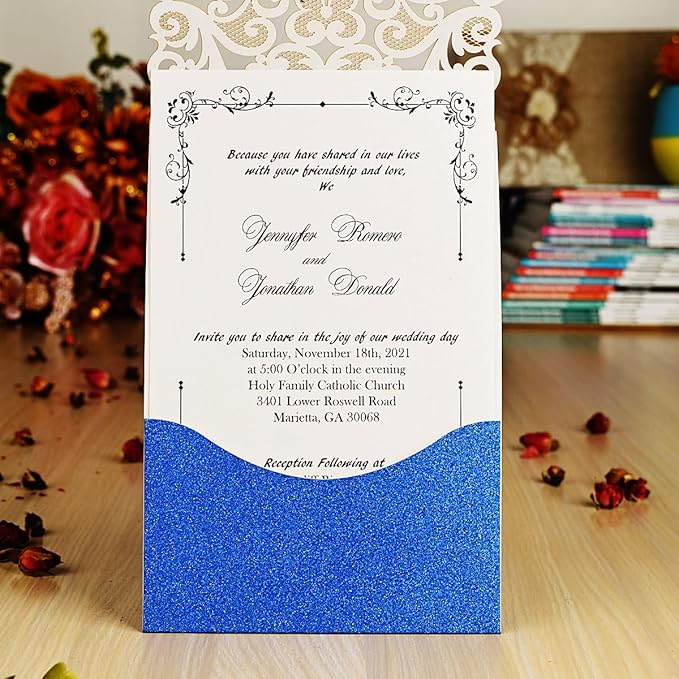 Hosmsua 50PCS Wedding Invitations Cards 5 x 7.3 Inch Laser Cut Hollow Rose Invitation with Rhinestone for Bridal Shower Engagement Quinceañera (Royal Blue Glitter)