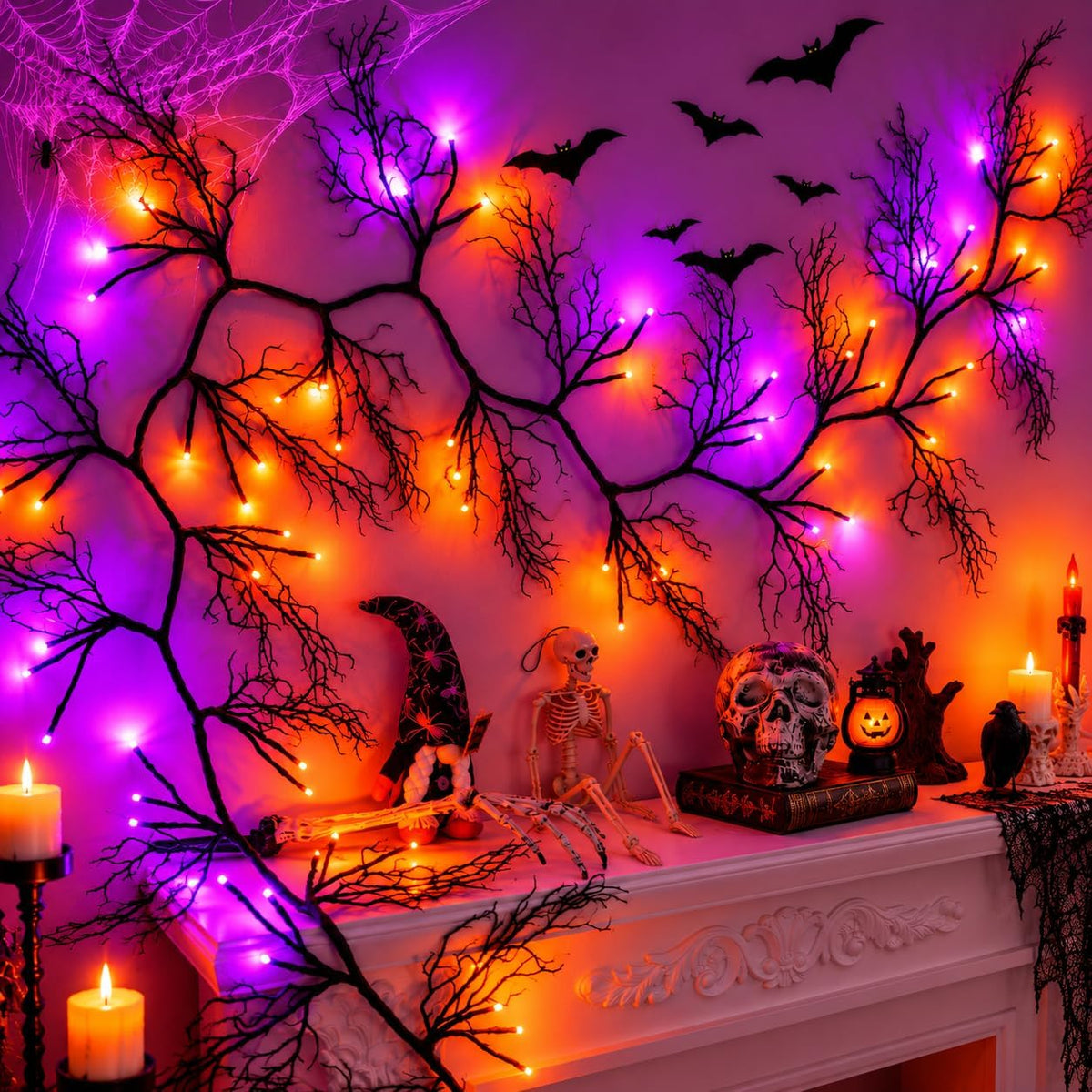 9Ft Lighted Halloween Garland Decorations Indoor, 66 LED Orange & Purple ...