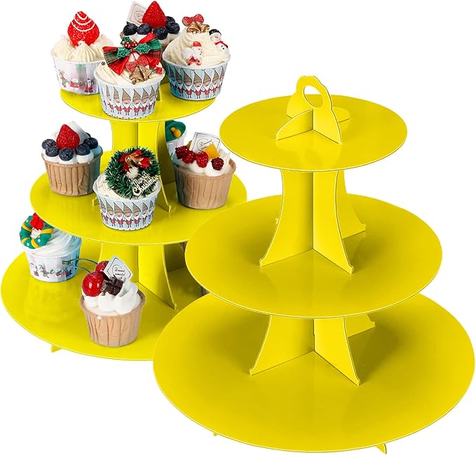 2Pcs 3-Tier Cupcake Stand, Cake Stand holder, Tiered DIY Cupcake Stand Tower for Dessert Table Displays, Birthday Theme Party Favors Decoration, Floral Tea Party, 12" W x 12.8" H, Yellow