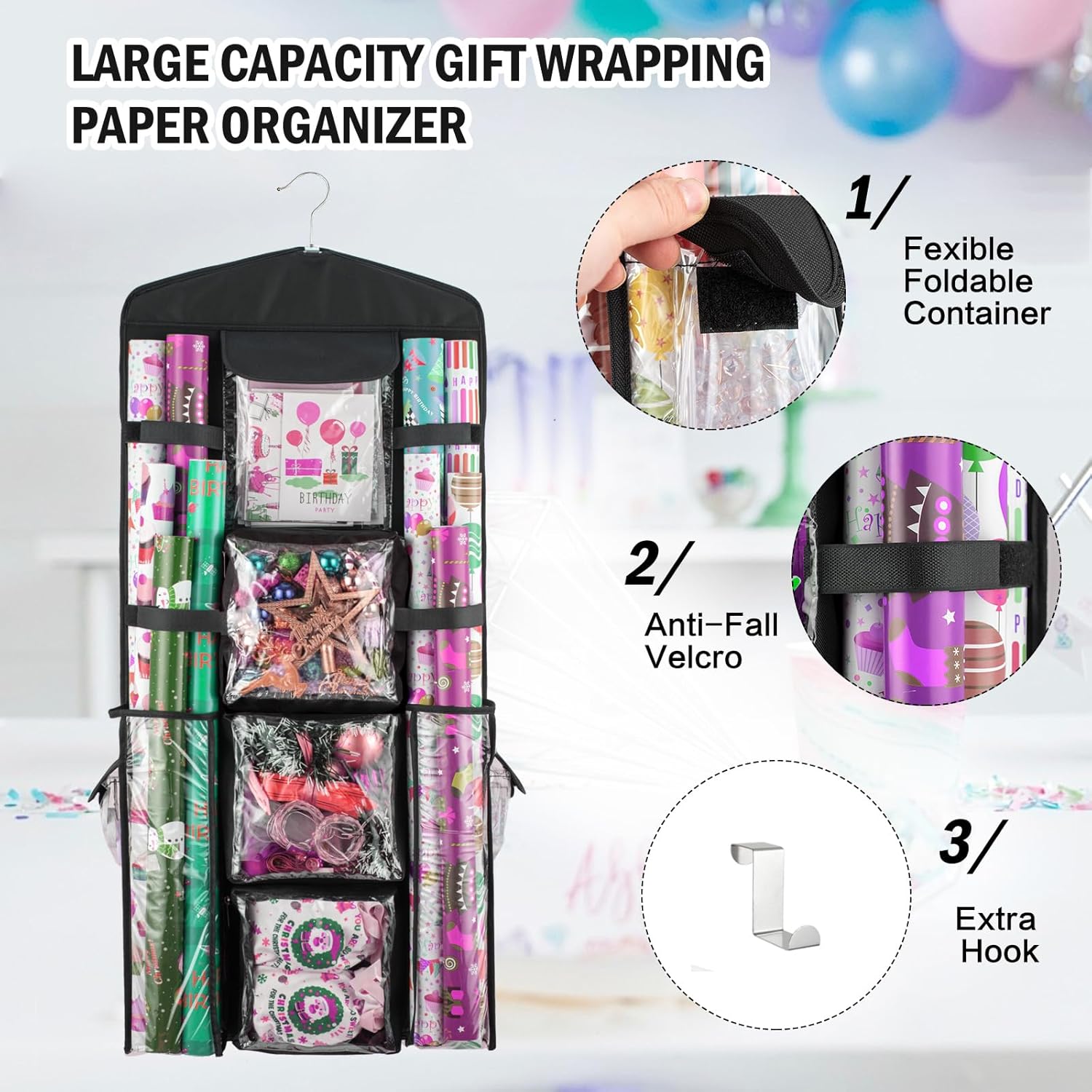 Christmas Wrapping Paper Organizer Storage, Hanging Gift Bag Storage Organizer, Double-Sided Wrapping Paper Holder Storage - Black