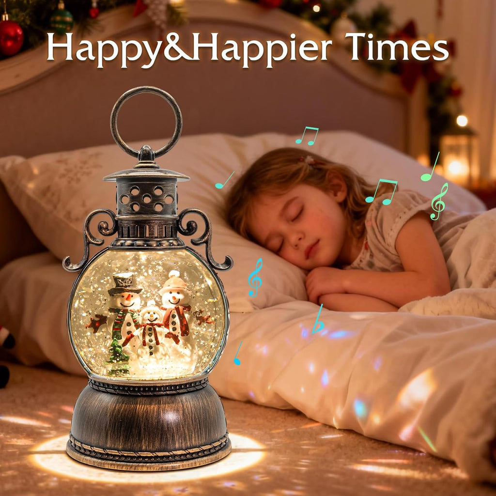 Christmas Snow Globes, Christmas Snowman Snow Globes Lantern with 8 Songs, 6H Timer Battery & USB Powered Glitter Music Box for Christmas Table Decorations Home Decor