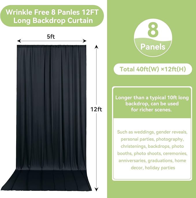 40ftx12ft Wrinkle Free Black Backdrop Curtain, 8 Panels 12FT Height Black Wedding Backdrop Drapes, Silky Polyester Back Drop Cloth for Birthday Photography Background Party Backdrop Draping
