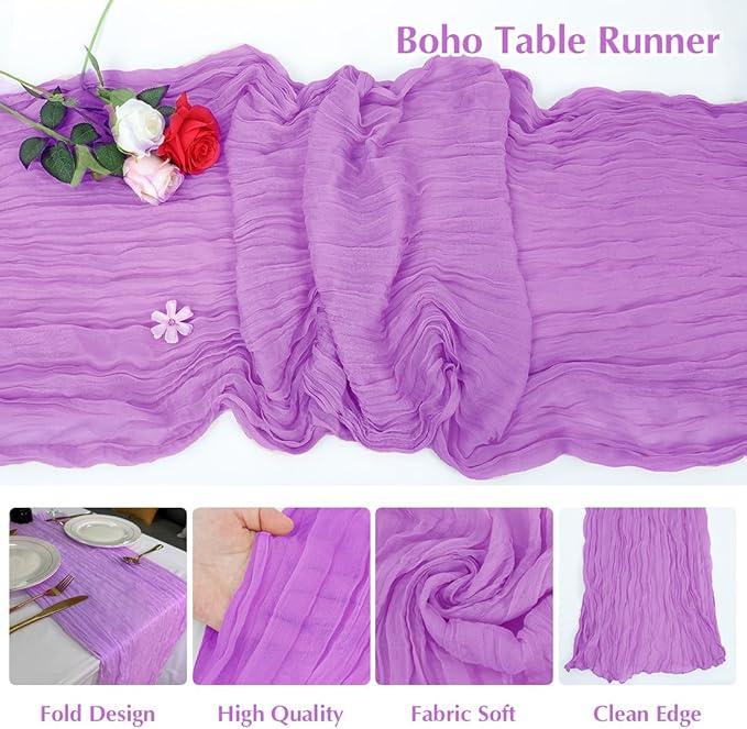Light Purple Cheesecloth Table Runner -21*120Inch Long Boho Wedding Table Decor, Rustic Gauze Fabric Runner for Bridal Showers, Baby Showers & Parties (Sheer, Lightweight, Wrinkled Design)