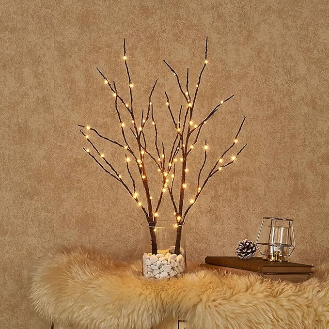 Hairui Twig Branches with Fairy LED Lights 18IN 70LED Battery Operated Lighted Brown Willow Branches for Home Witner Christmas Decoration Indoor Outdoor Use (Vase Excluded)